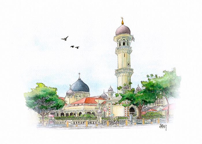 Masjid Kapitan Keling, Penang in Waterolor